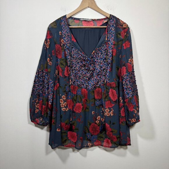 Daniel Rainn Floral Tunic Blouse 2X Lined Tasseled Tie Neck Boho Fairy Peasant - Picture 1 of 8